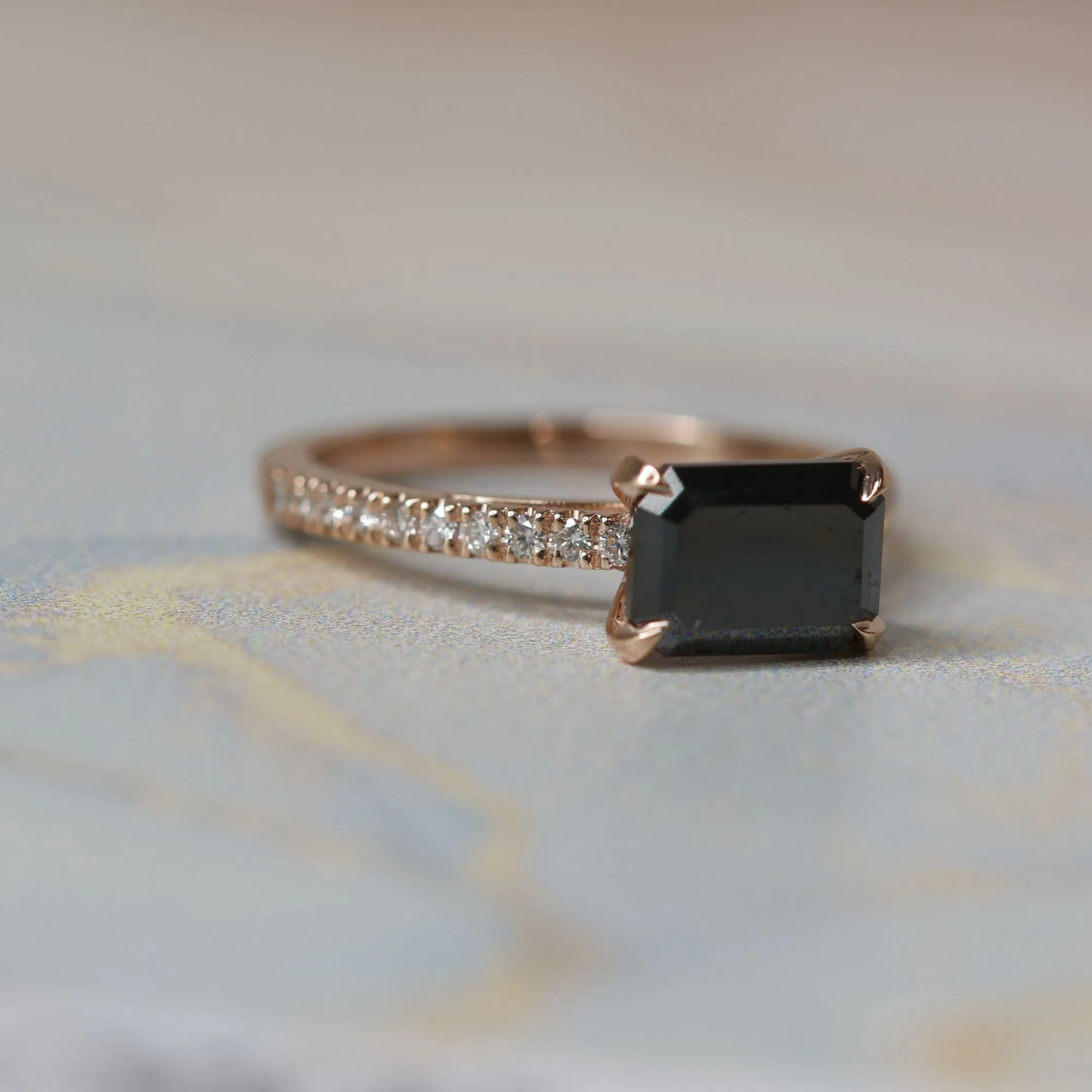 Eridanus  Unique  Natural Black Diamond Emerald Engagement Ring