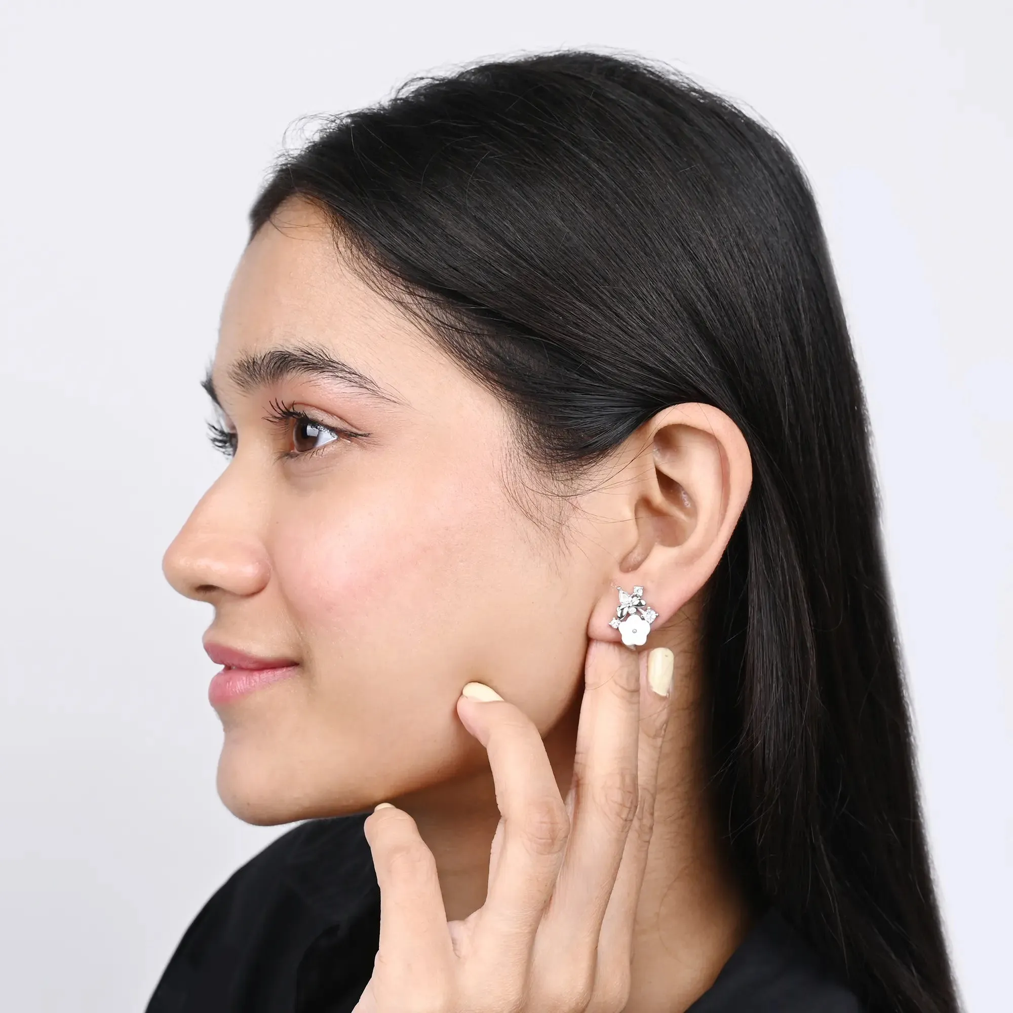 Floral Grace CZ-Studded Stud Earrings