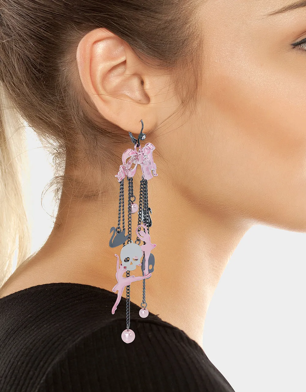 FLY BY NIGHT BOW BALLERINA CHANDELIER EARRINGS PINK