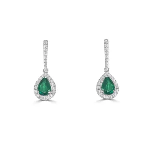 Frederic Sage 18K White Gold Pear Cut Emerald with Diamond Halo Dangle Earrings