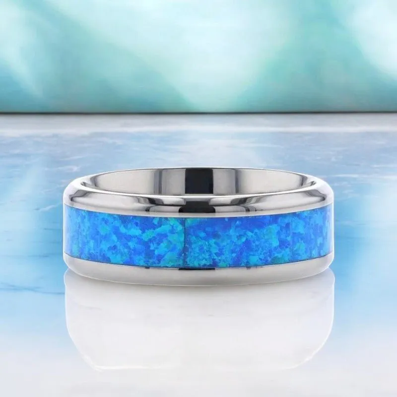 GALAXY | Silver Titanium Ring, Blue Green Opal Inlay, Beveled