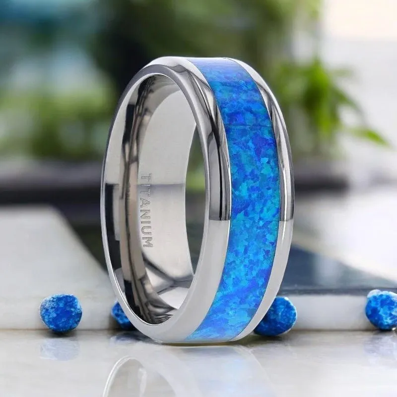 GALAXY | Silver Titanium Ring, Blue Green Opal Inlay, Beveled