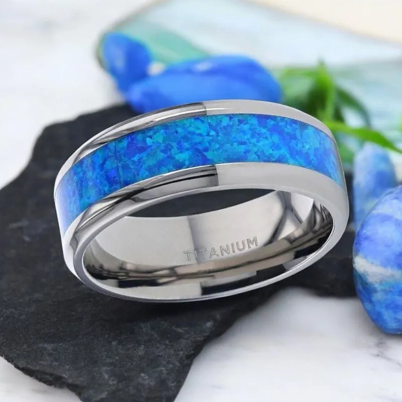 GALAXY | Silver Titanium Ring, Blue Green Opal Inlay, Beveled