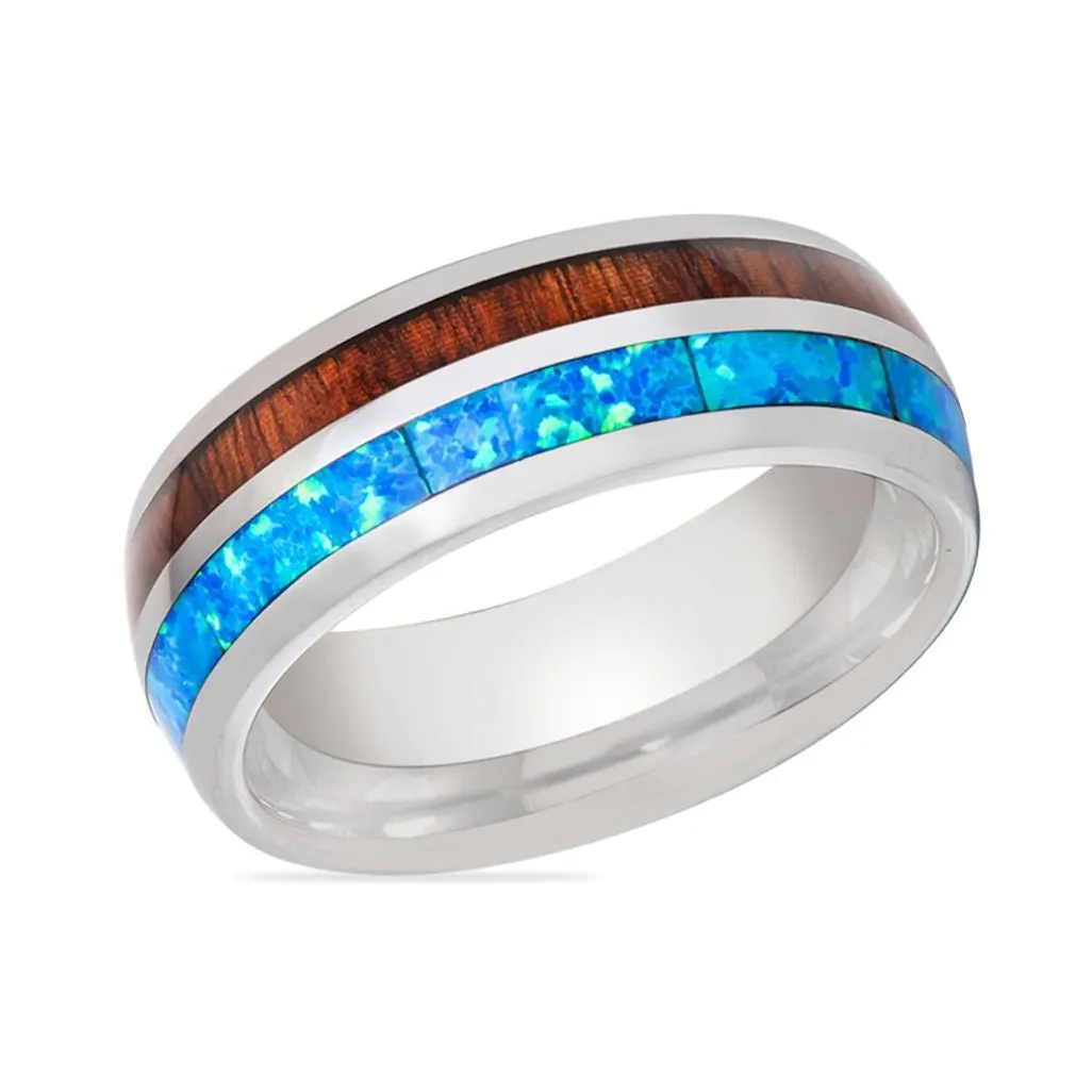 GENIE | Silver Tungsten Ring, Koa Wood & Blue Opal Inlay, Domed