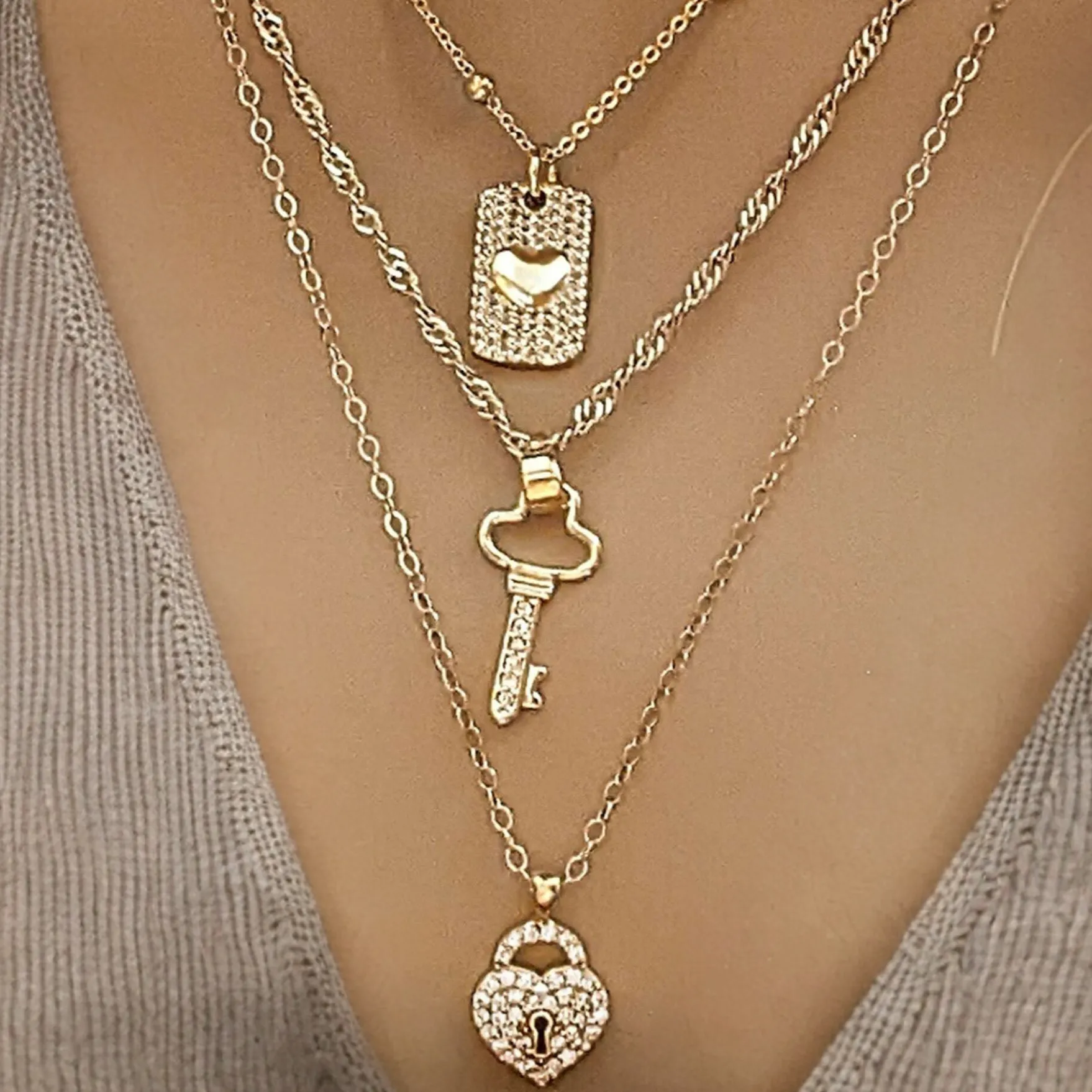 Gold CZ Key to my Heart Layered Necklace Set