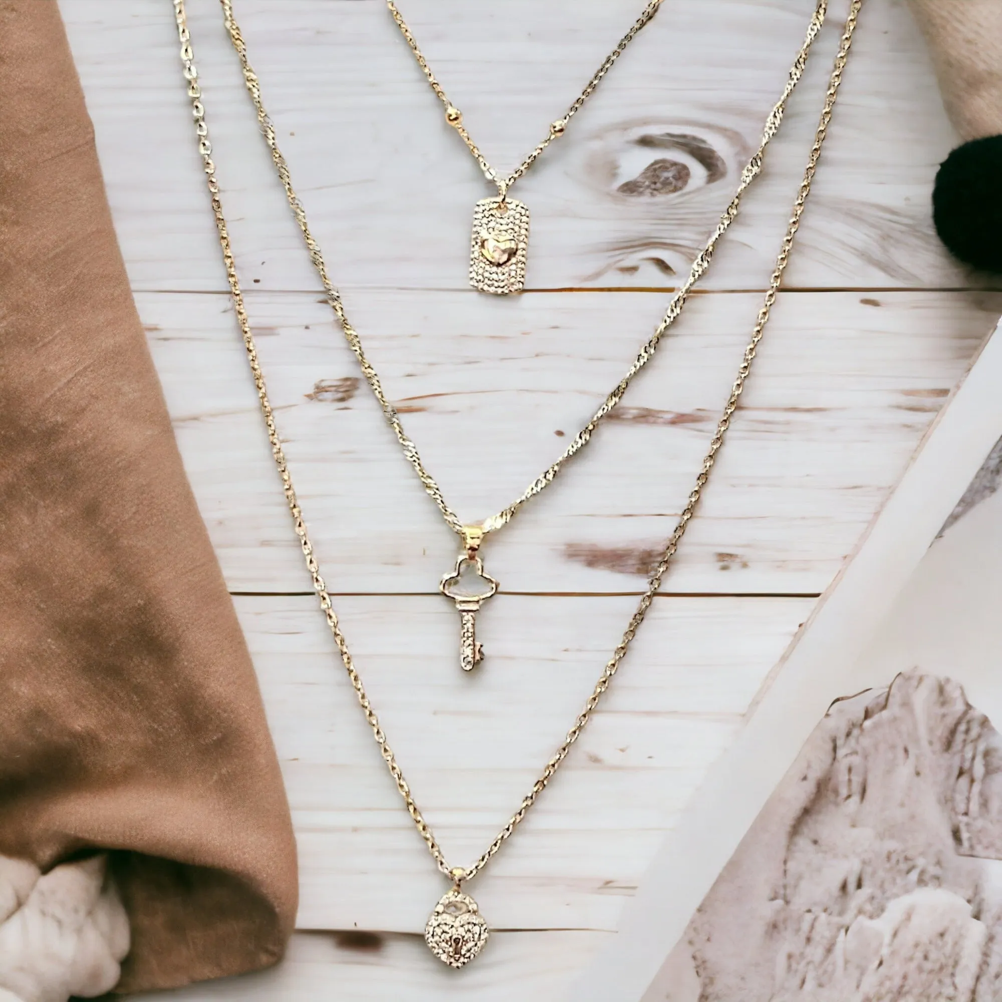 Gold CZ Key to my Heart Layered Necklace Set