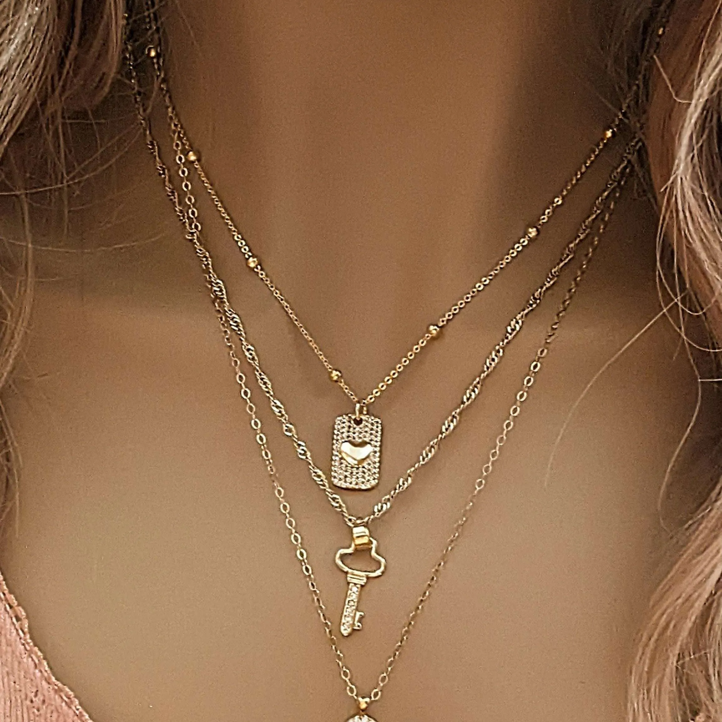 Gold CZ Key to my Heart Layered Necklace Set