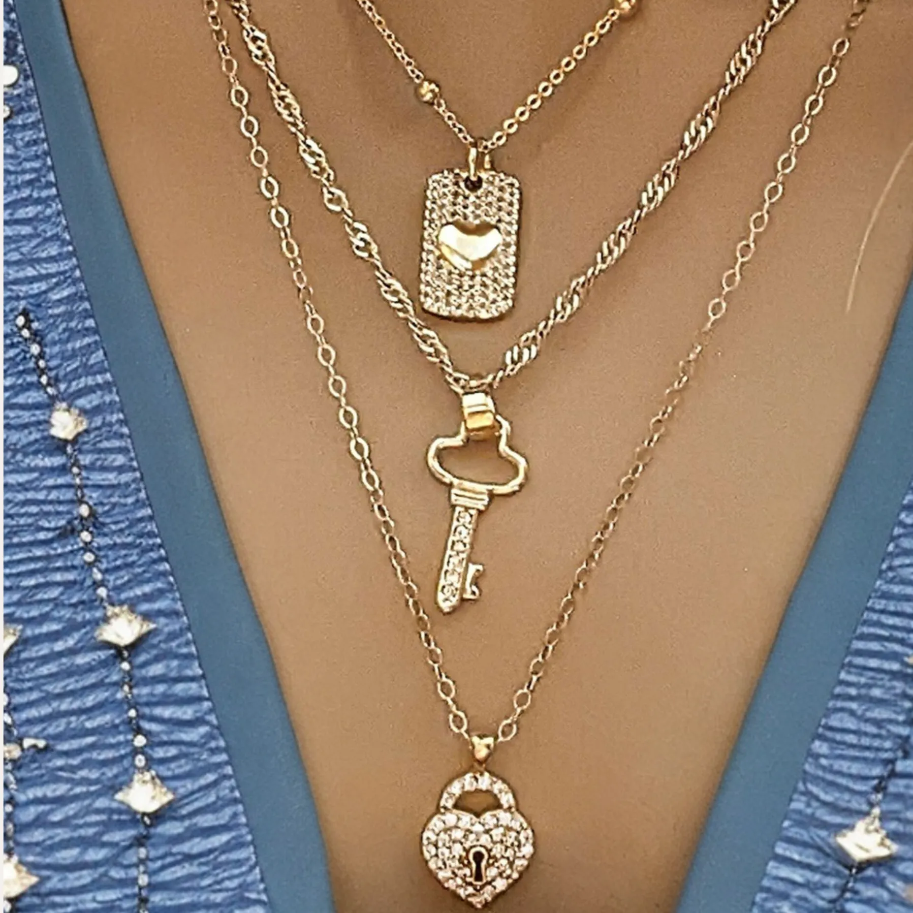 Gold CZ Key to my Heart Layered Necklace Set