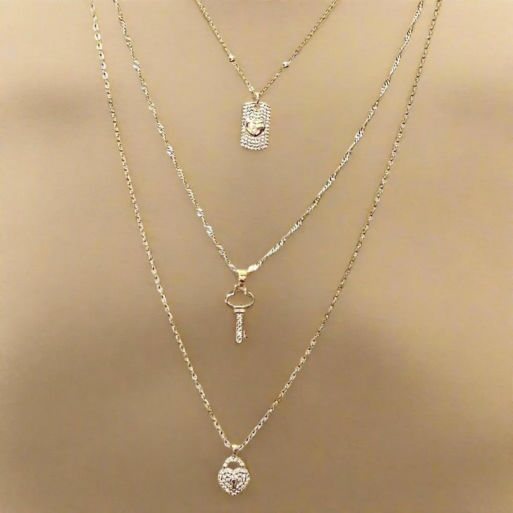 Gold CZ Key to my Heart Layered Necklace Set