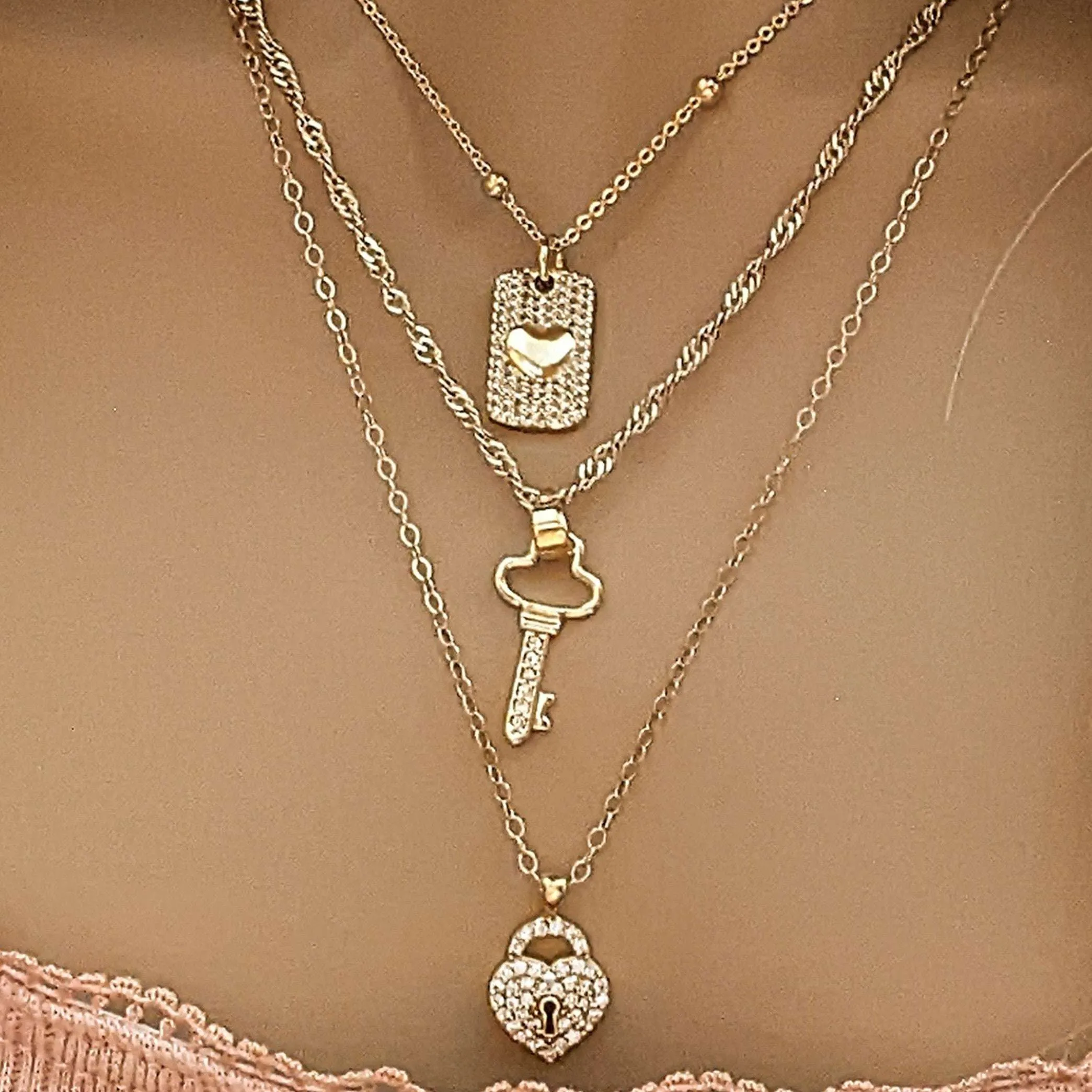 Gold CZ Key to my Heart Layered Necklace Set