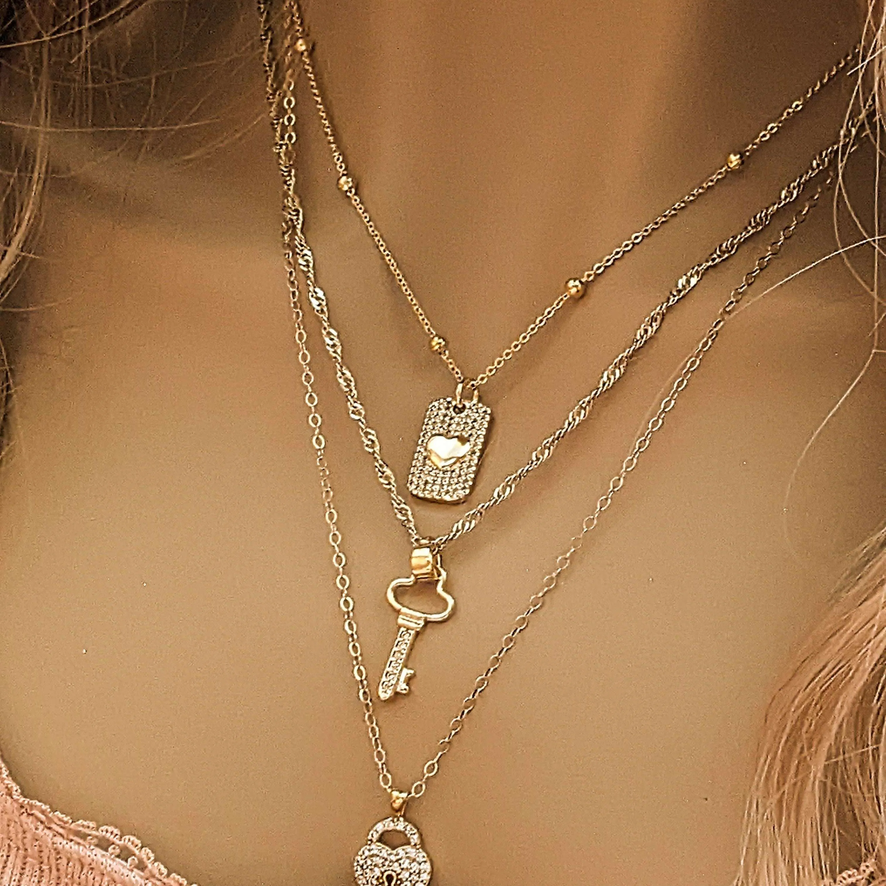 Gold CZ Key to my Heart Layered Necklace Set