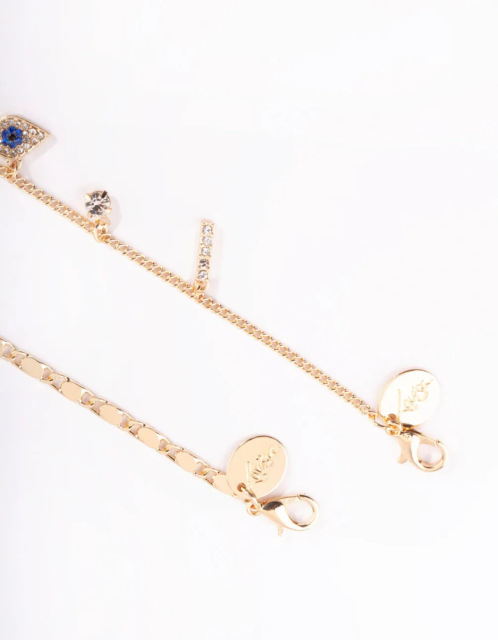 Gold Evil Eye,Hamsa & Chain Charm Anklet Pack