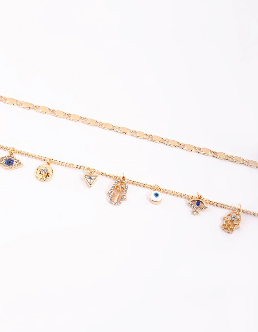 Gold Evil Eye,Hamsa & Chain Charm Anklet Pack