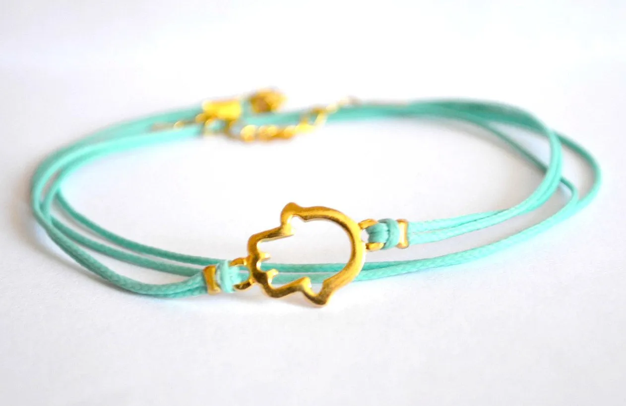 Gold Hamsa wrapped anklet, turquoise cord, handmade gift for her