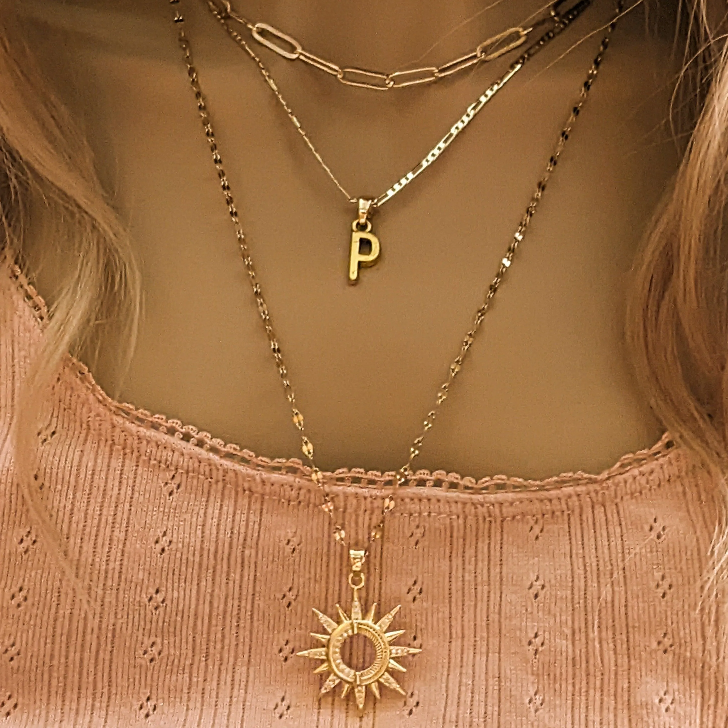 Gold Paperclip Initial Layered Necklace Set