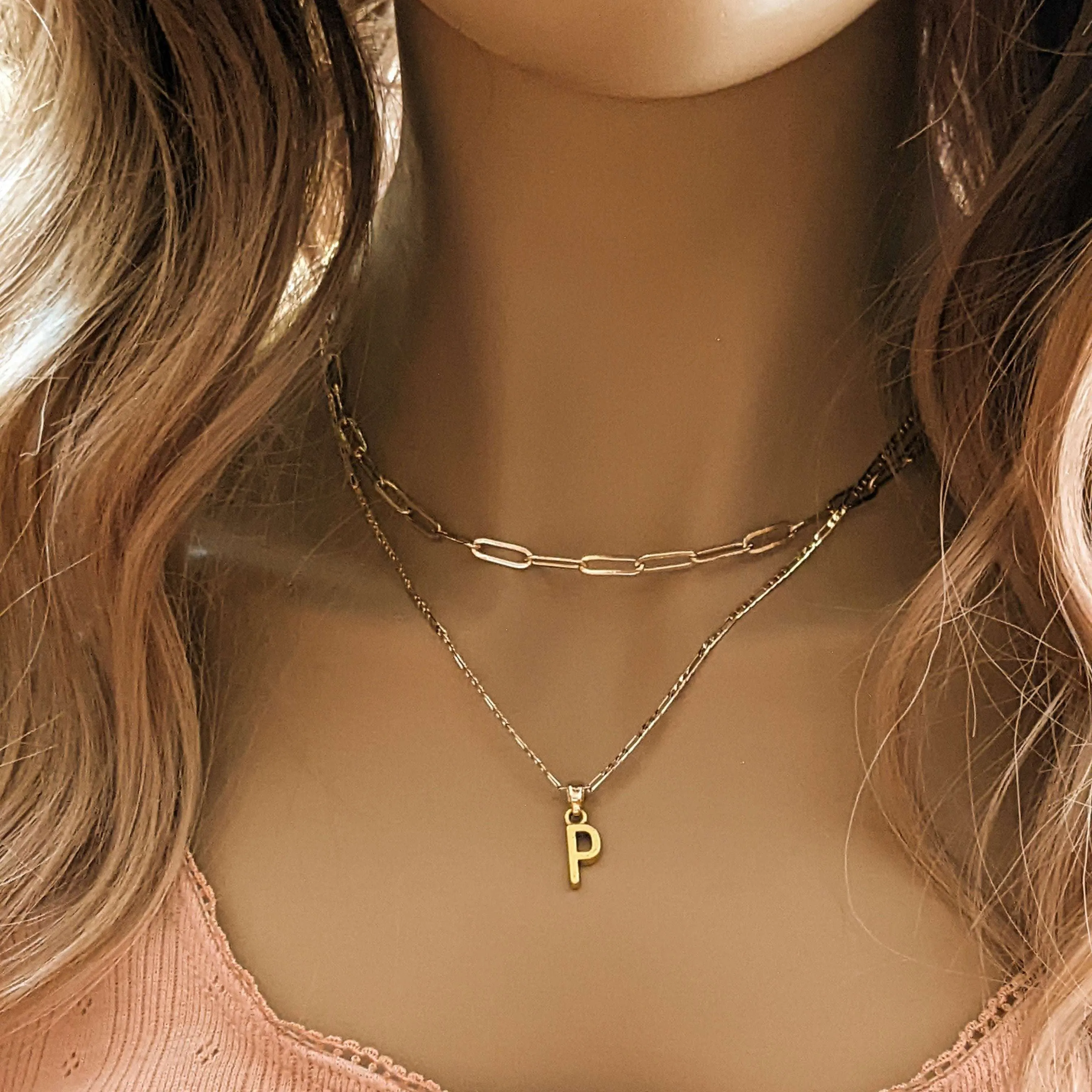 Gold Paperclip Initial Layered Necklace Set