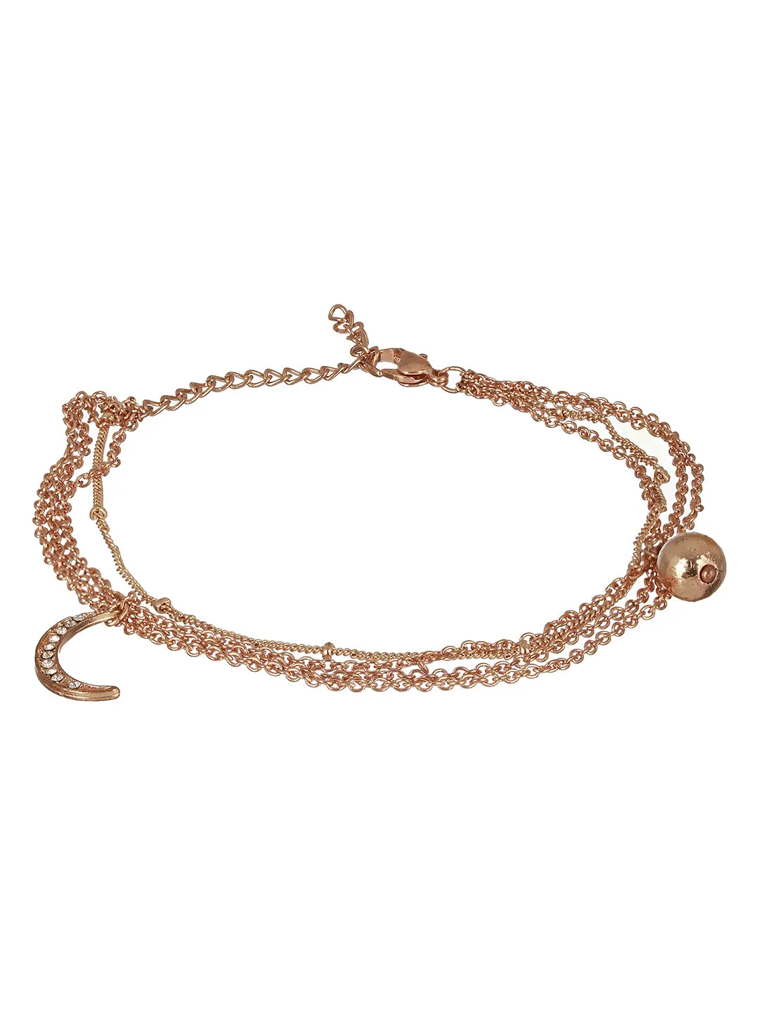 Gold-Plated Cz Studded Layered Cresent Shape Charm Anklet