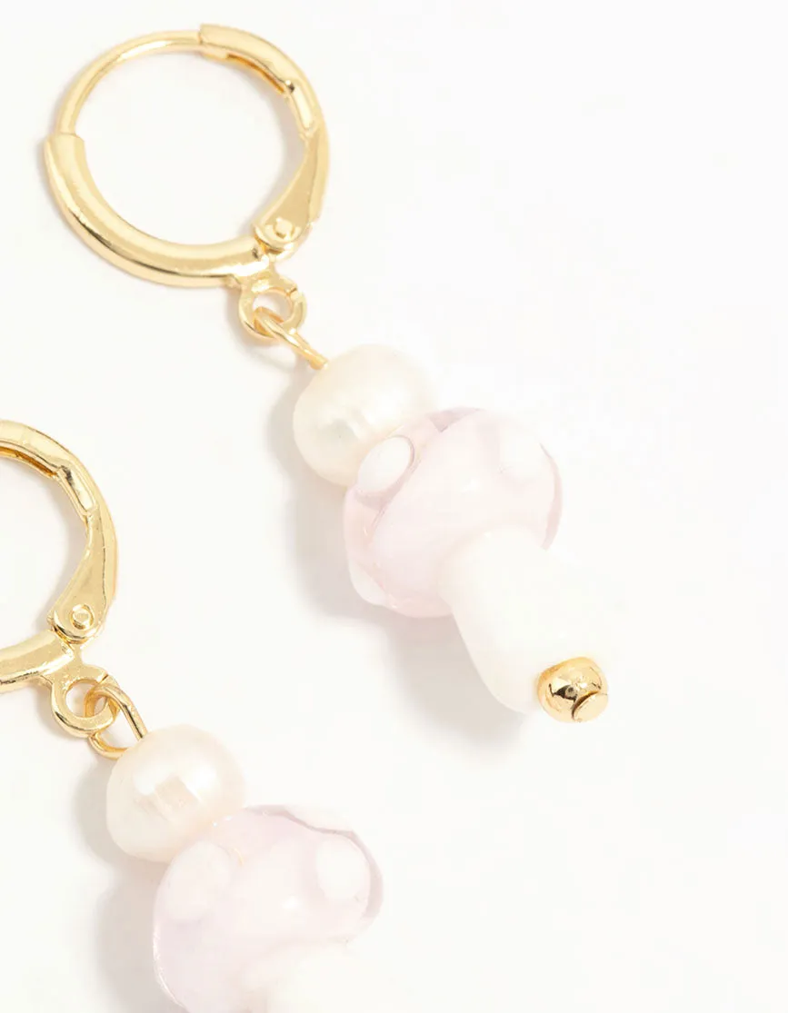 Gold Plated Pearl Beaded Mushroom Huggie Earrings