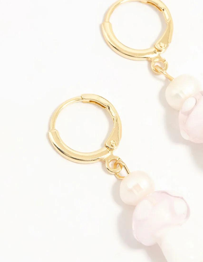 Gold Plated Pearl Beaded Mushroom Huggie Earrings