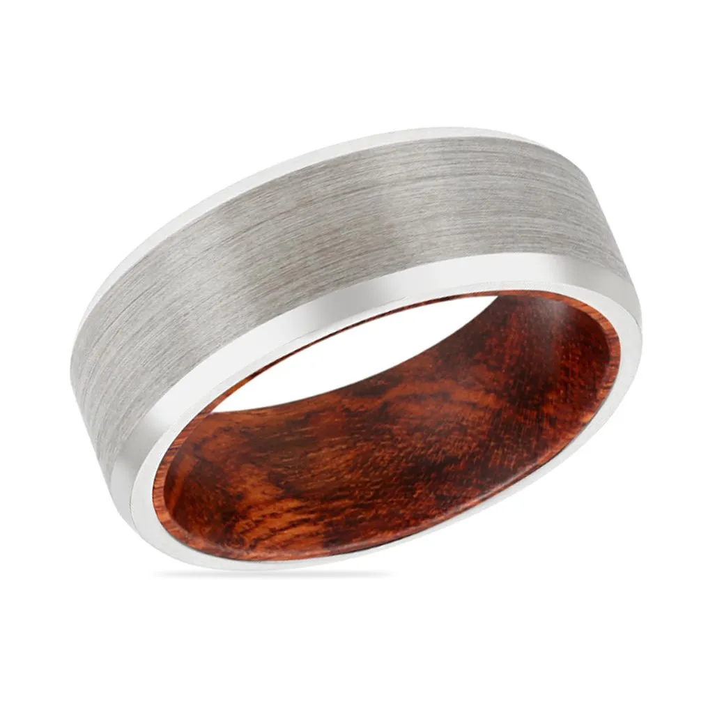 GORGON | Snake Wood, Silver Tungsten Ring, Brushed, Beveled