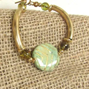 Green Kazuri  Bracelet with Gold Bangle