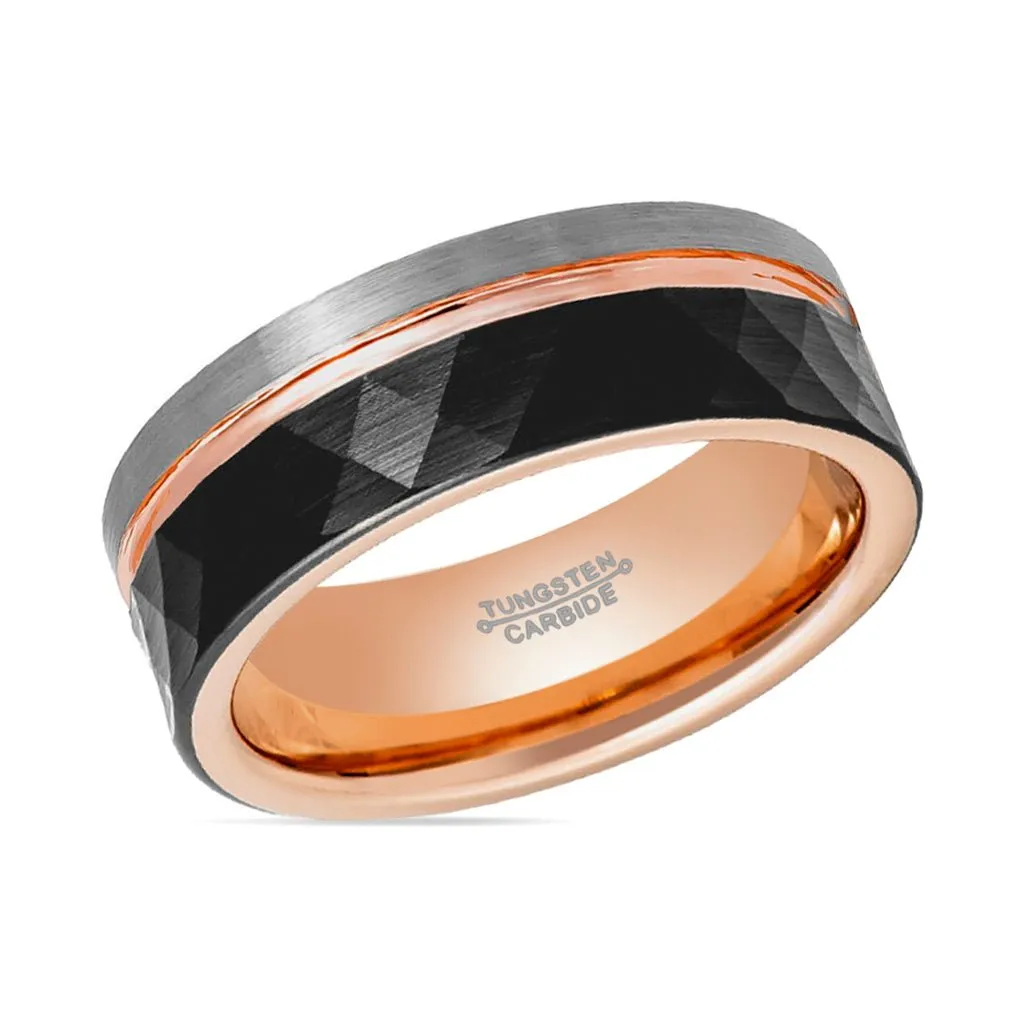 GUSTAVO | Rose Gold Tungsten Ring, Black Faceted, Flat