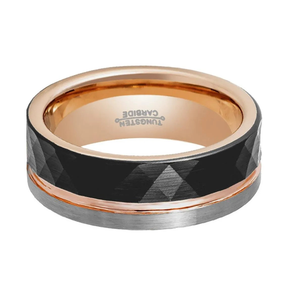 GUSTAVO | Rose Gold Tungsten Ring, Black Faceted, Flat