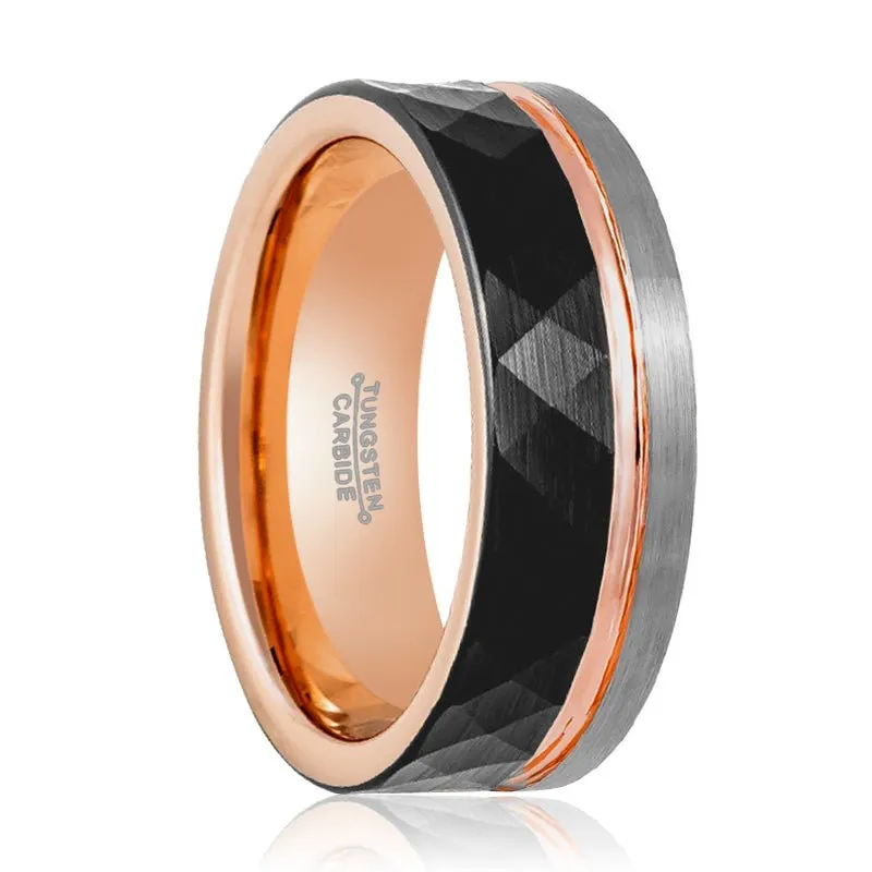 GUSTAVO | Rose Gold Tungsten Ring, Black Faceted, Flat