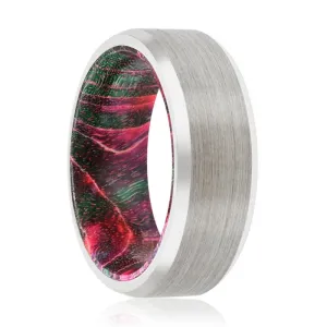 HIRAM | Green & Red Wood, Silver Tungsten Ring, Brushed, Beveled