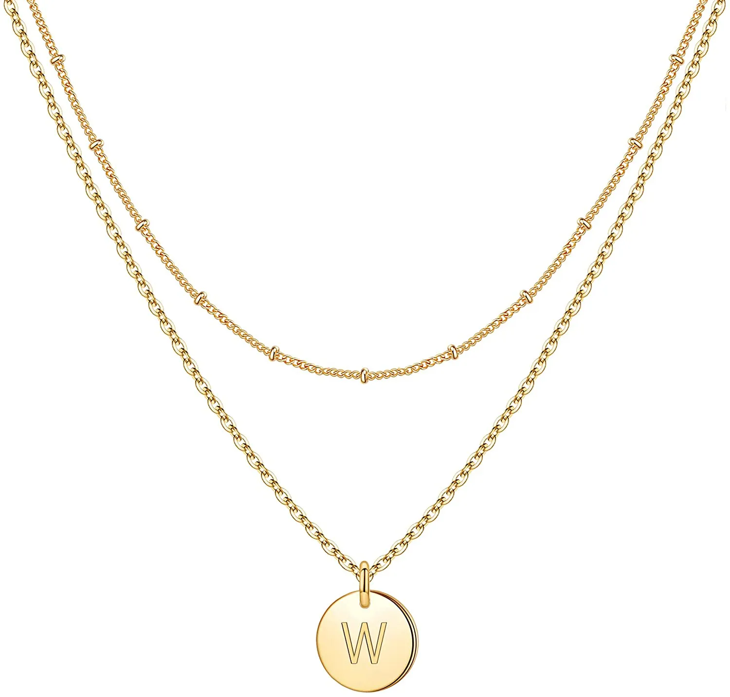 IEFWELL Gold Initial Necklaces for Women,14K Gold Filled Double Side Engraved Hammered Gold Coin Necklaces for Women Initial Necklace Layered Initial Necklaces for Women Teen Girl Jewelry