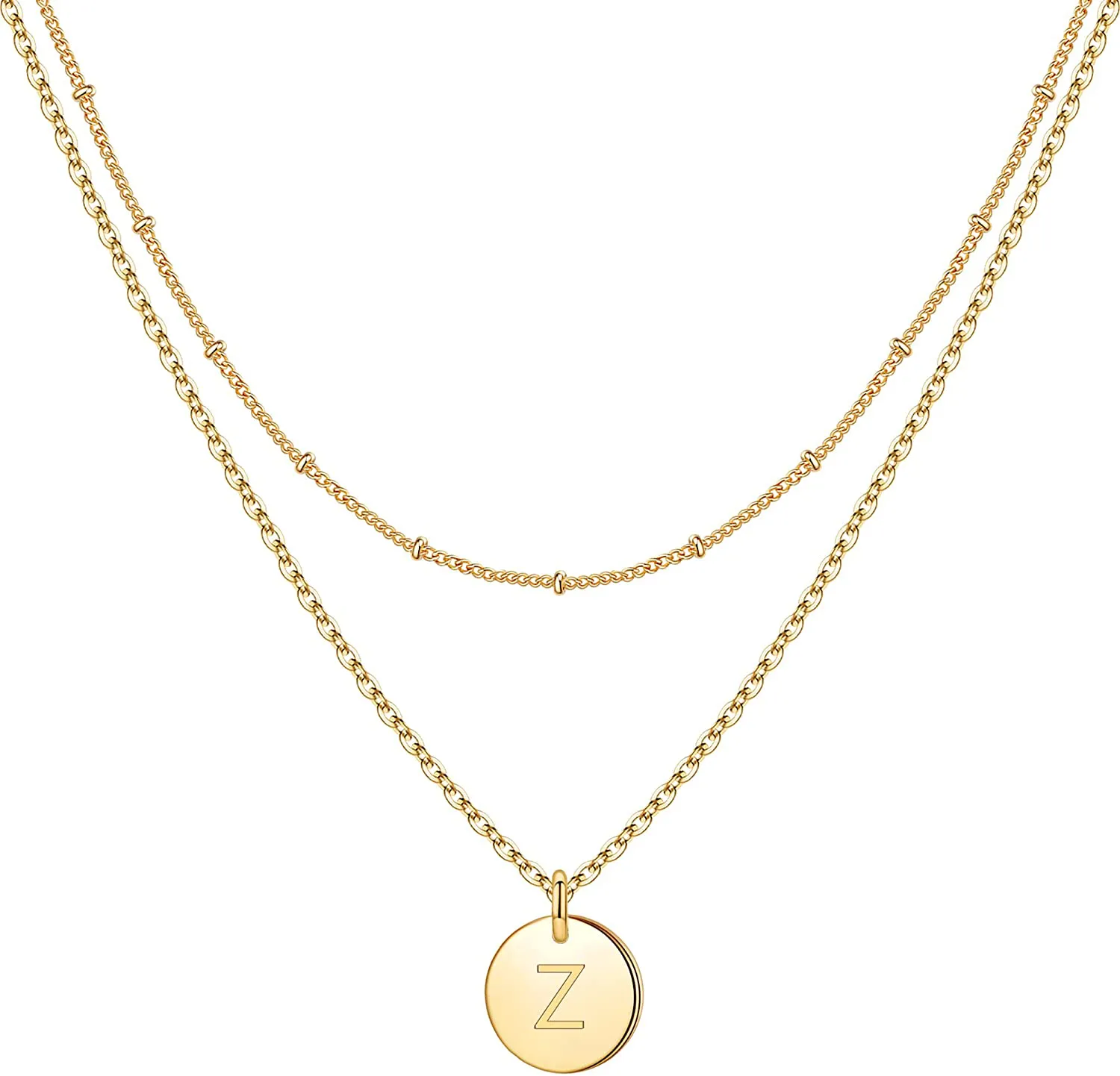 IEFWELL Gold Initial Necklaces for Women,14K Gold Filled Double Side Engraved Hammered Gold Coin Necklaces for Women Initial Necklace Layered Initial Necklaces for Women Teen Girl Jewelry