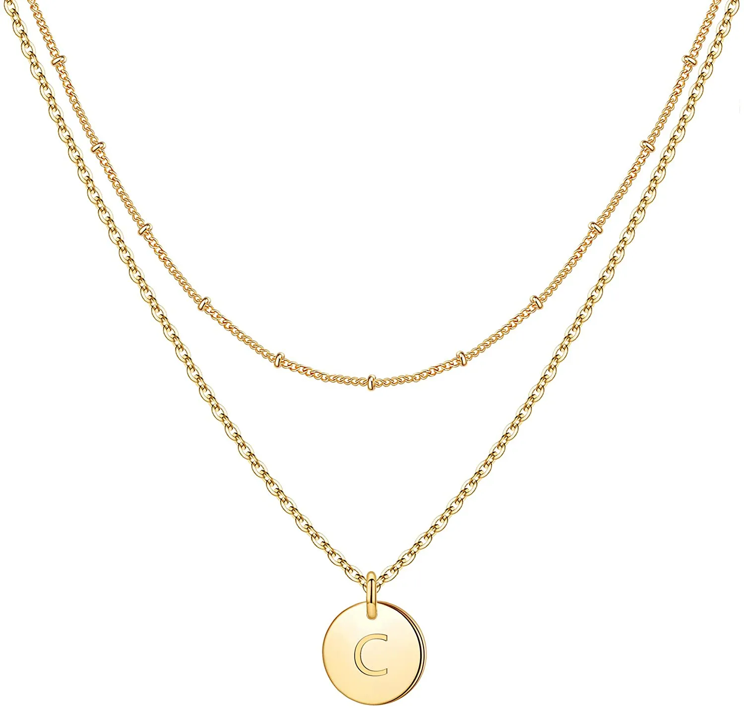 IEFWELL Gold Initial Necklaces for Women,14K Gold Filled Double Side Engraved Hammered Gold Coin Necklaces for Women Initial Necklace Layered Initial Necklaces for Women Teen Girl Jewelry