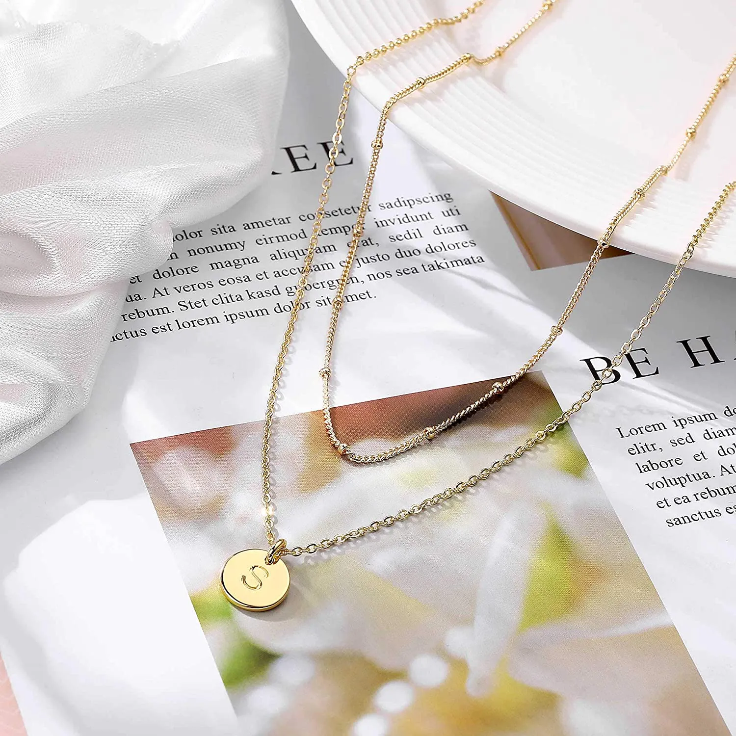 IEFWELL Gold Initial Necklaces for Women,14K Gold Filled Double Side Engraved Hammered Gold Coin Necklaces for Women Initial Necklace Layered Initial Necklaces for Women Teen Girl Jewelry