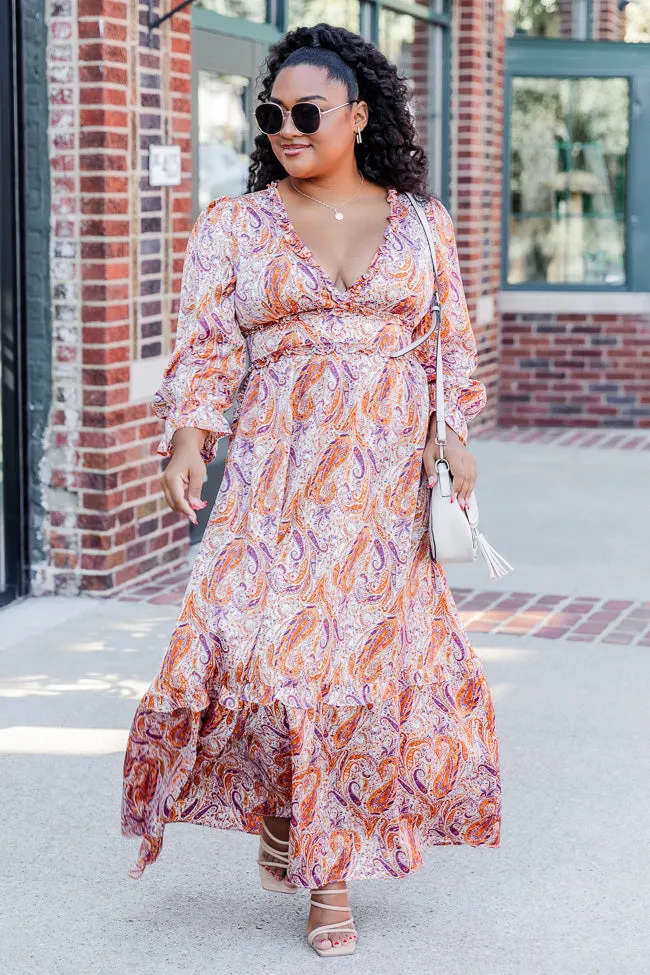 It's All A Dream Rust Multi Paisley Satin Ruffle Trim Maxi Dress FINAL SALE