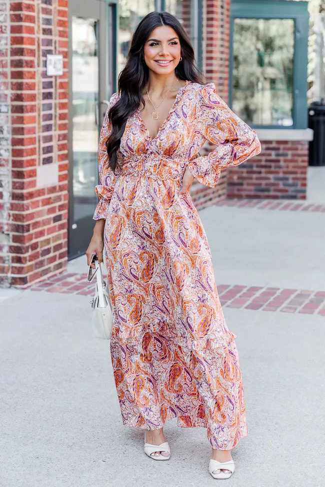 It's All A Dream Rust Multi Paisley Satin Ruffle Trim Maxi Dress FINAL SALE