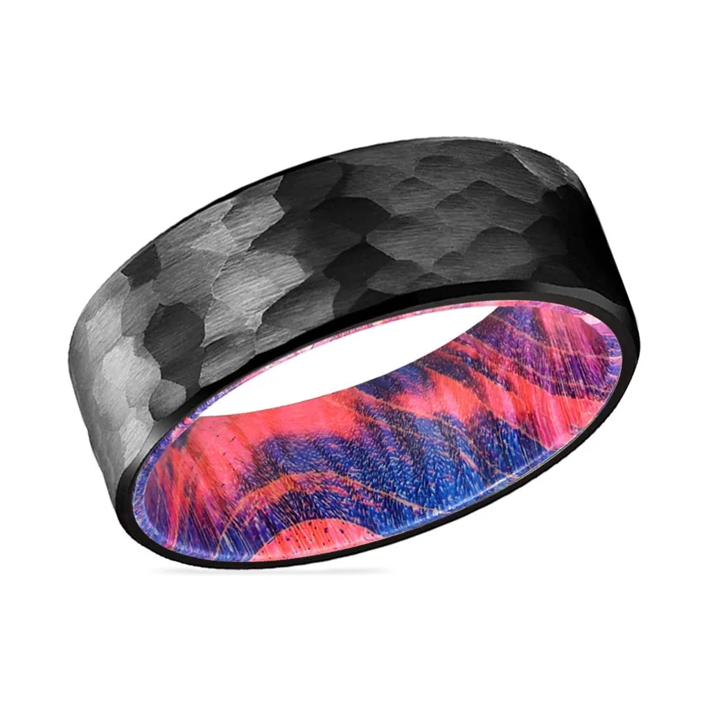 JUMBLE | Blue and Red Wood, Black Tungsten Ring, Hammered, Flat