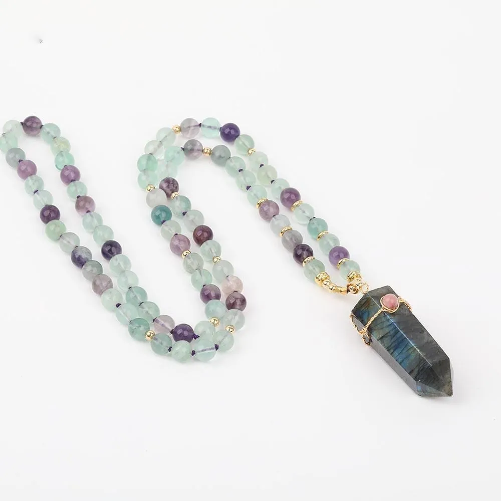 Labradorite Point Pendant & Fluorite Beads Necklace