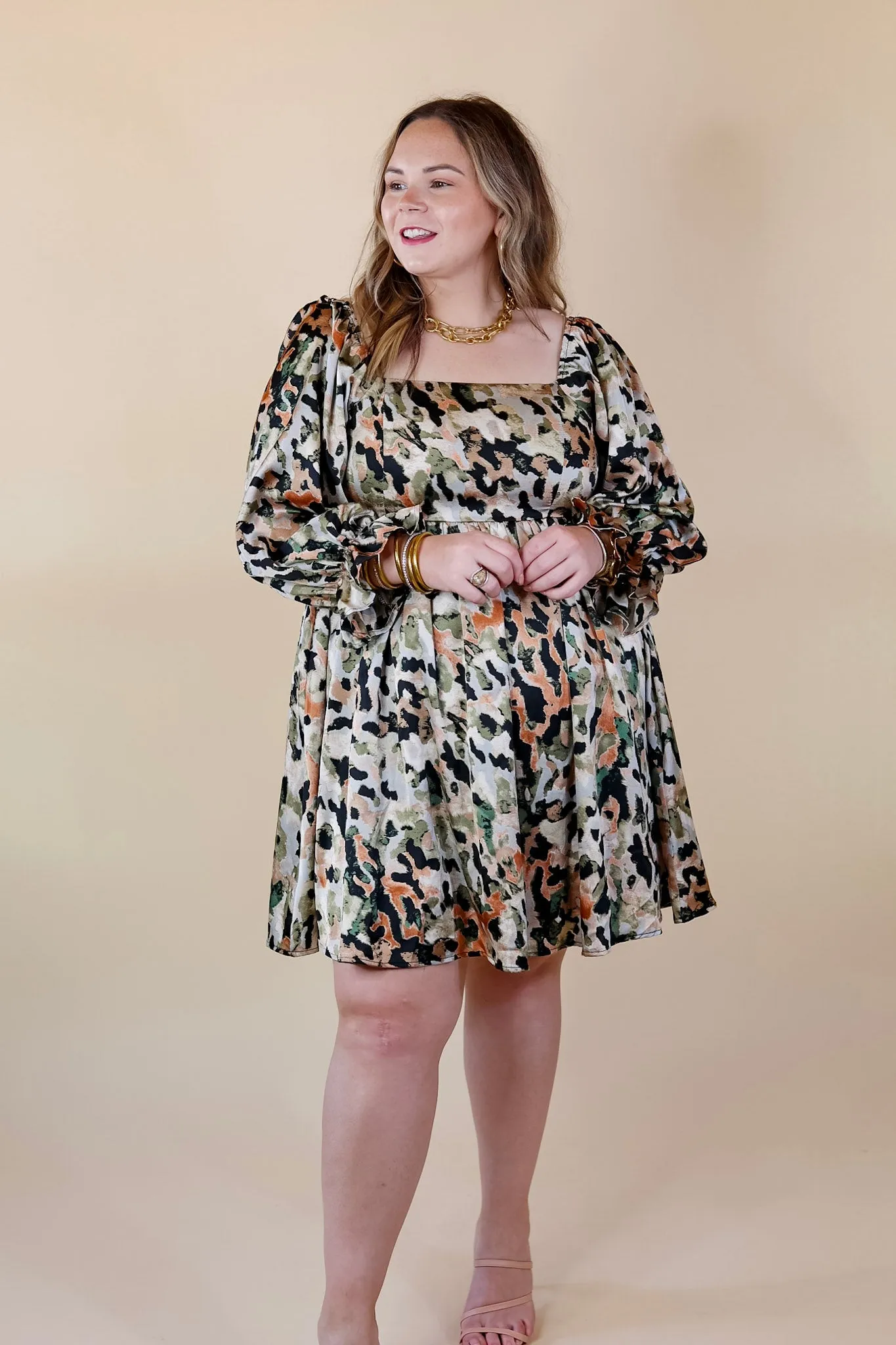 Last Chance Size Medium & XL | Feeling Fine Satin Watercolor Print Dress with 3/4 Sleeves in Olive Mix