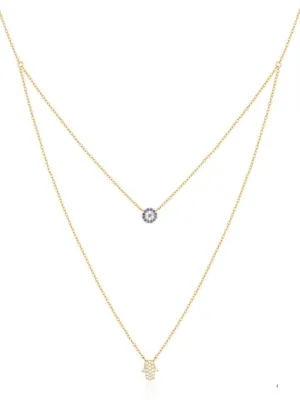 Layered Evil Eye and Hamsa Necklace 18K Gold Plated Sterling Silver 925  Luxury - KESLEY