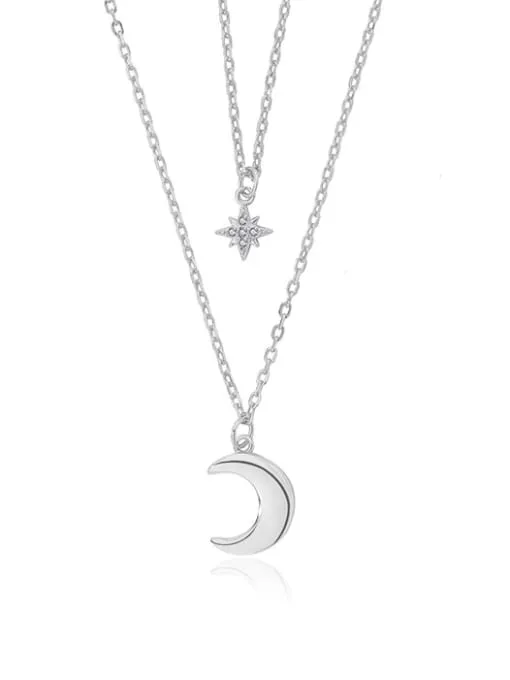 Layered Moon & Star Necklace, 925 Sterling Silver Zircon Necklace, 18k Gold Plated