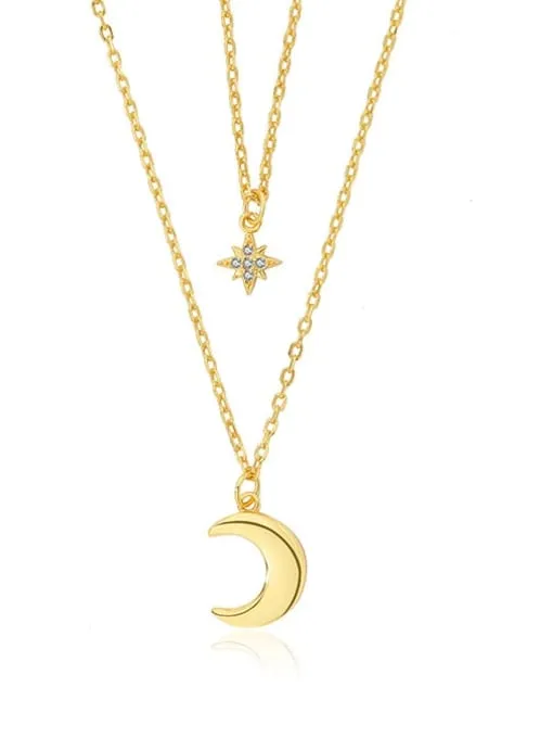 Layered Moon & Star Necklace, 925 Sterling Silver Zircon Necklace, 18k Gold Plated