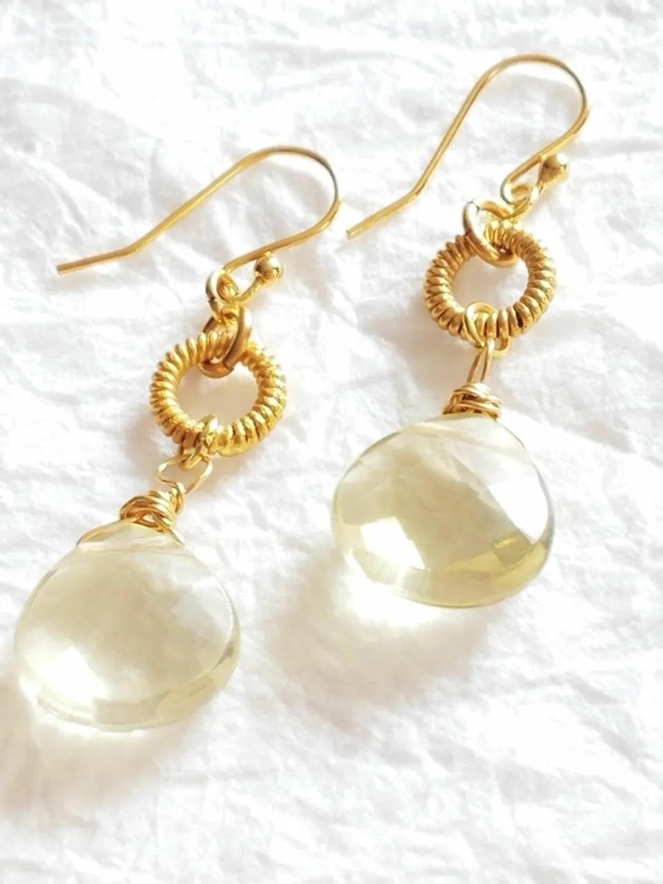 Lemon Quartz Briolette Coiled Circle Vermeil and 14kt Gold Plate Drop Earrings, The Jessamine Earrings