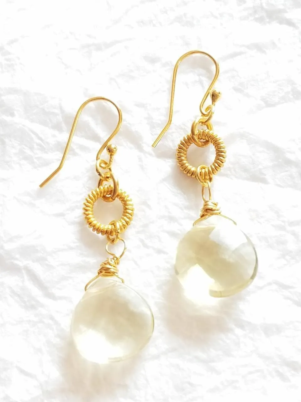 Lemon Quartz Briolette Coiled Circle Vermeil and 14kt Gold Plate Drop Earrings, The Jessamine Earrings