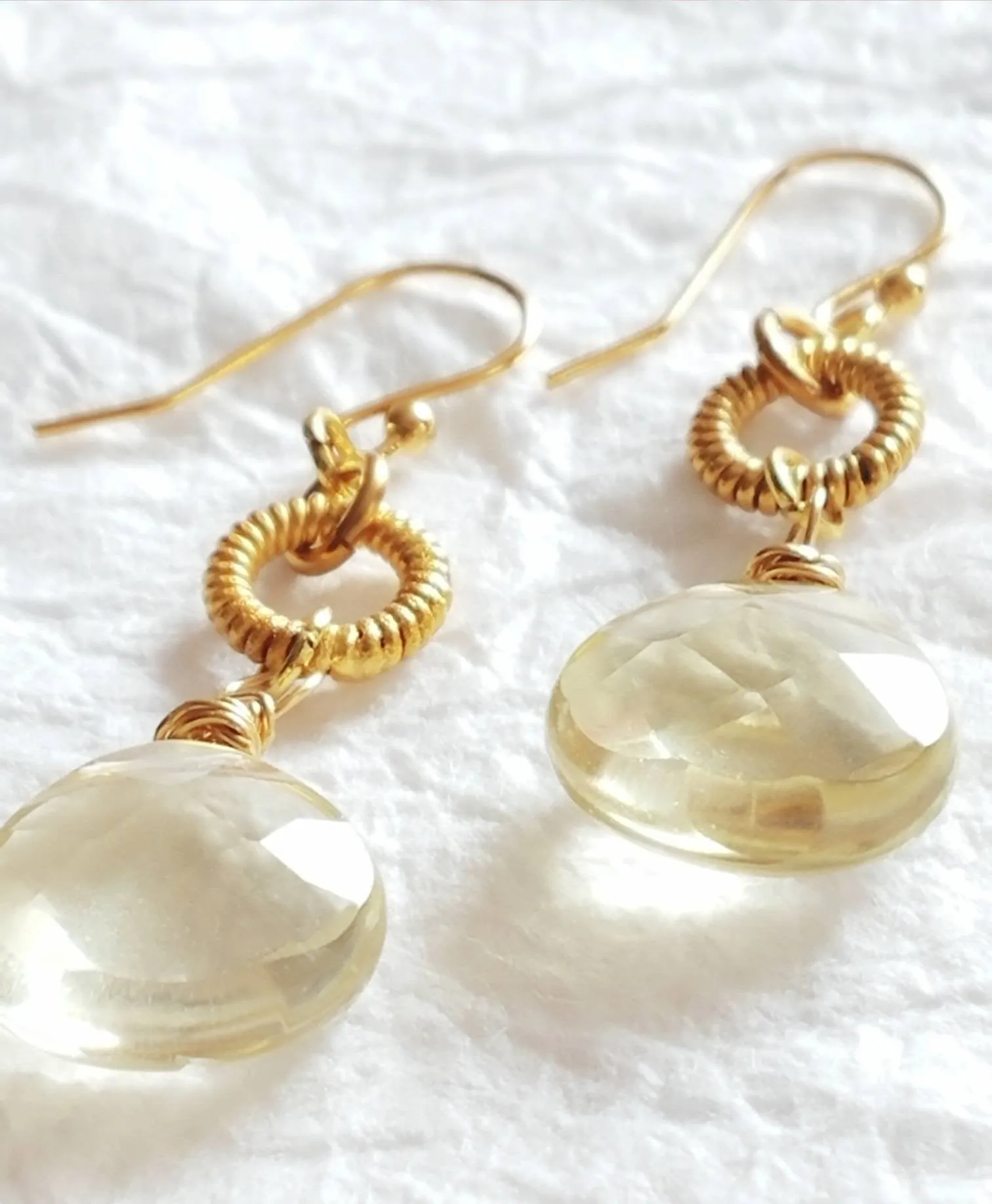 Lemon Quartz Briolette Coiled Circle Vermeil and 14kt Gold Plate Drop Earrings, The Jessamine Earrings