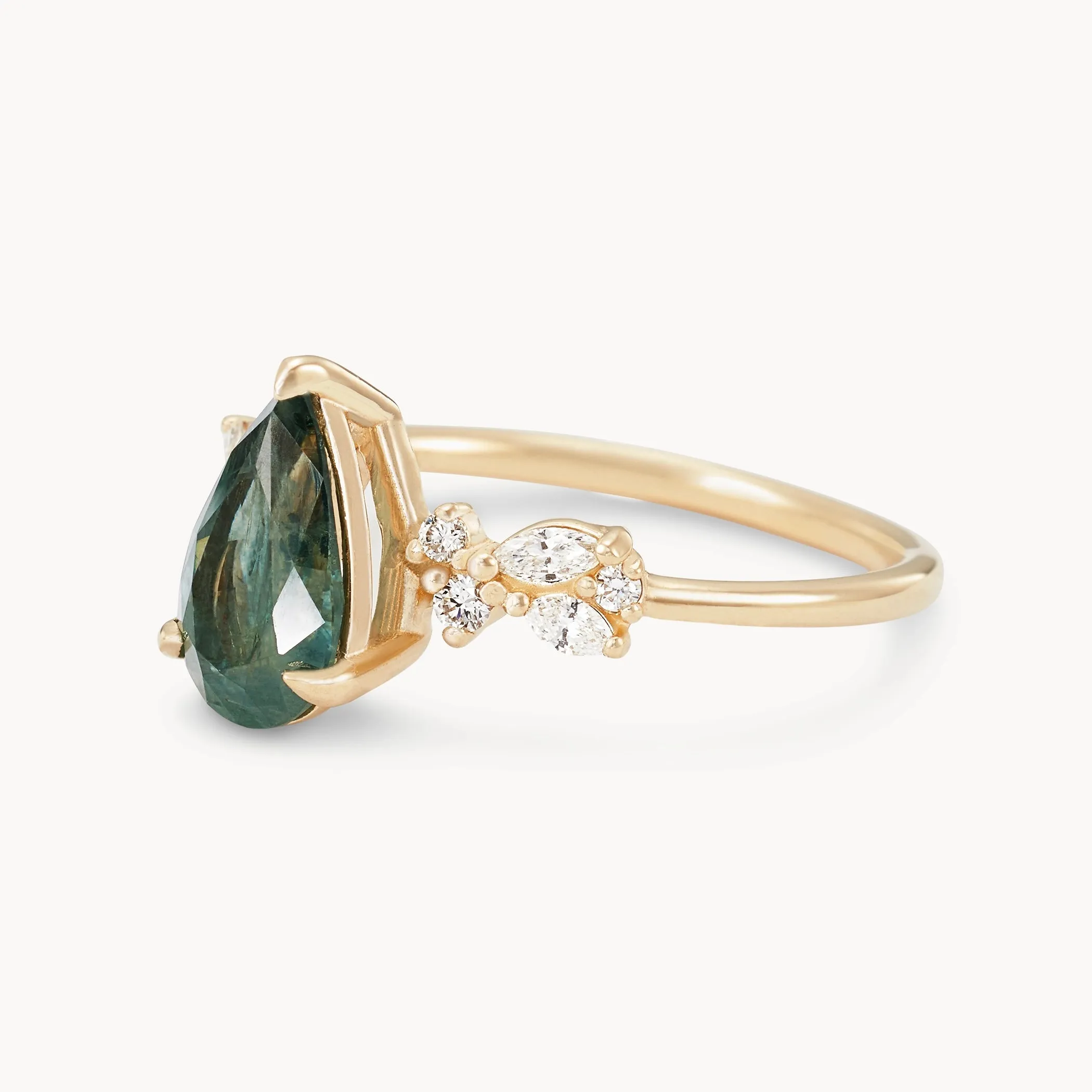 loves spell one-of-a-kind ring - 14k yellow gold, pear blue green sapphire, white diamonds