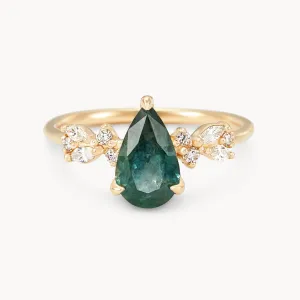 loves spell one-of-a-kind ring - 14k yellow gold, pear blue green sapphire, white diamonds