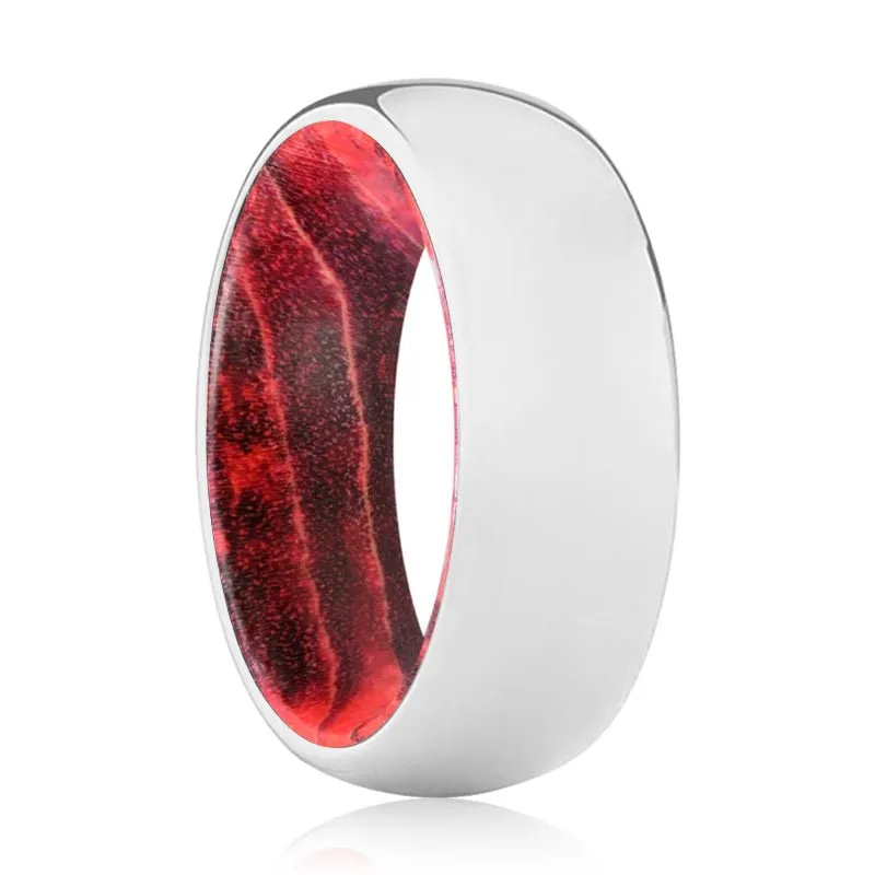 MANIA | Black & Red Wood, Silver Tungsten Ring, Shiny, Domed