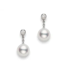 Mikimoto 18K White Gold Diamond & 8mm Akoya Cultured Pearl Stud Earrings