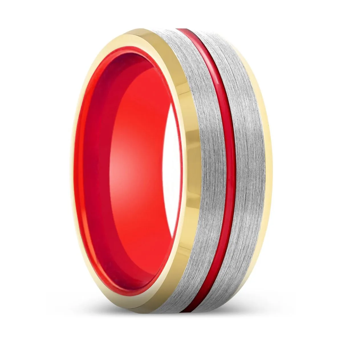 MOLTEN | Red Ring, Silver Tungsten Ring, Red Groove, Gold Beveled Edge