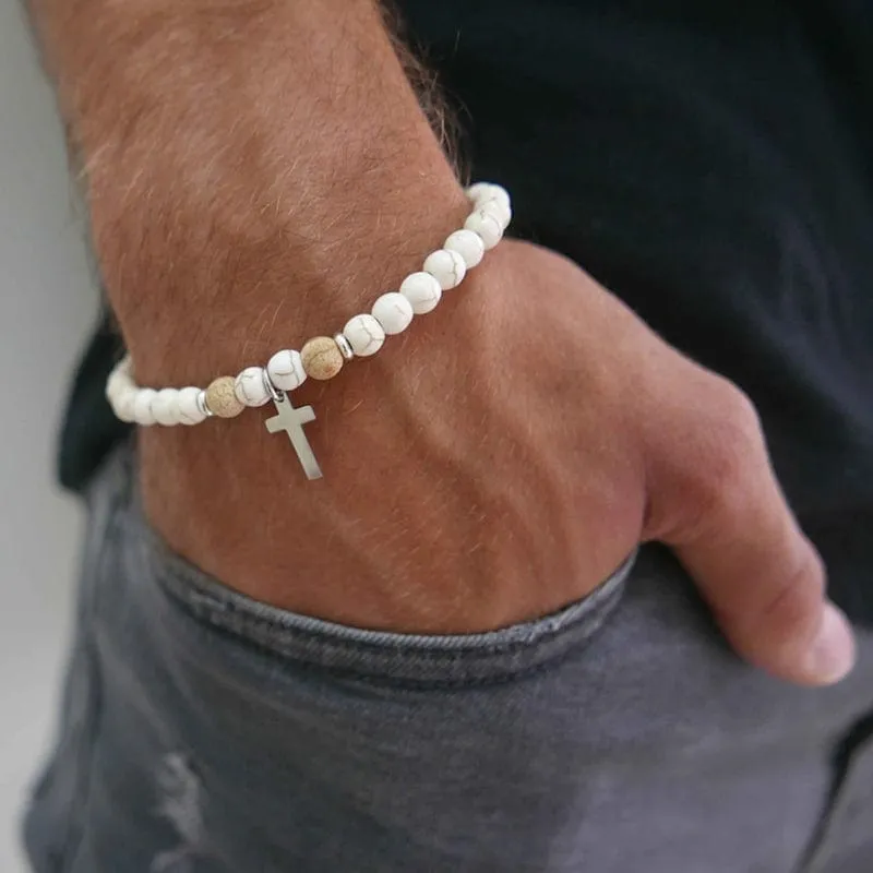 Natural Stone Bead Bracelet with Cross Charm